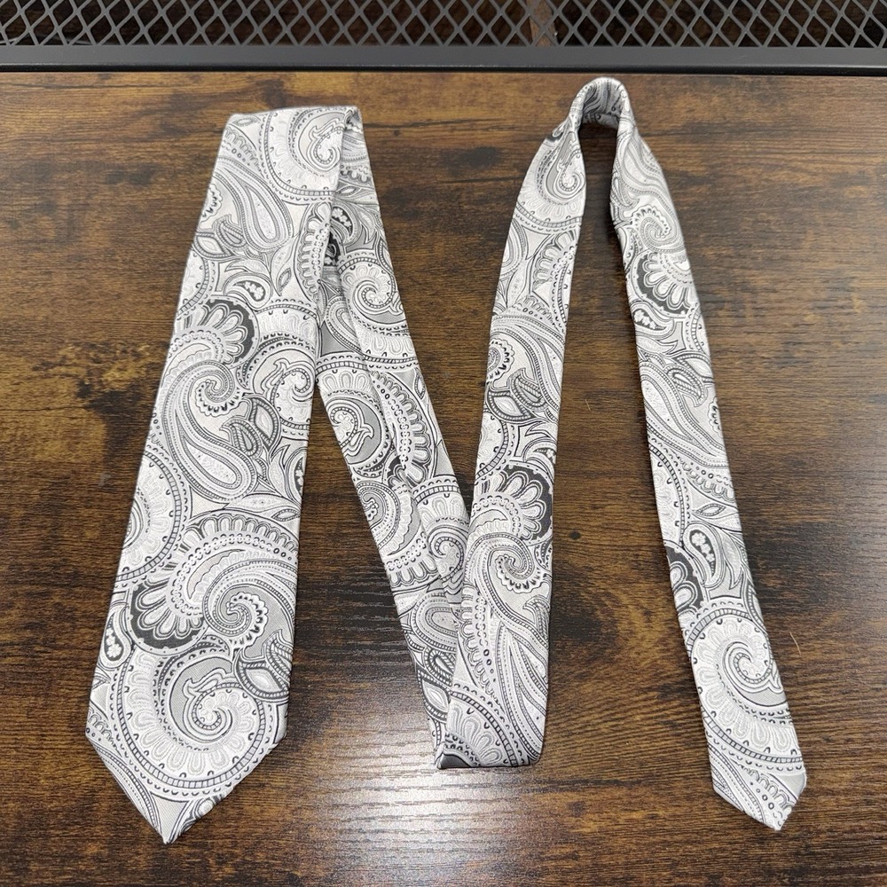 Hi-Tie Grey Silver Paisley 100% Silk Necktie Men's Classic Formal Wedding